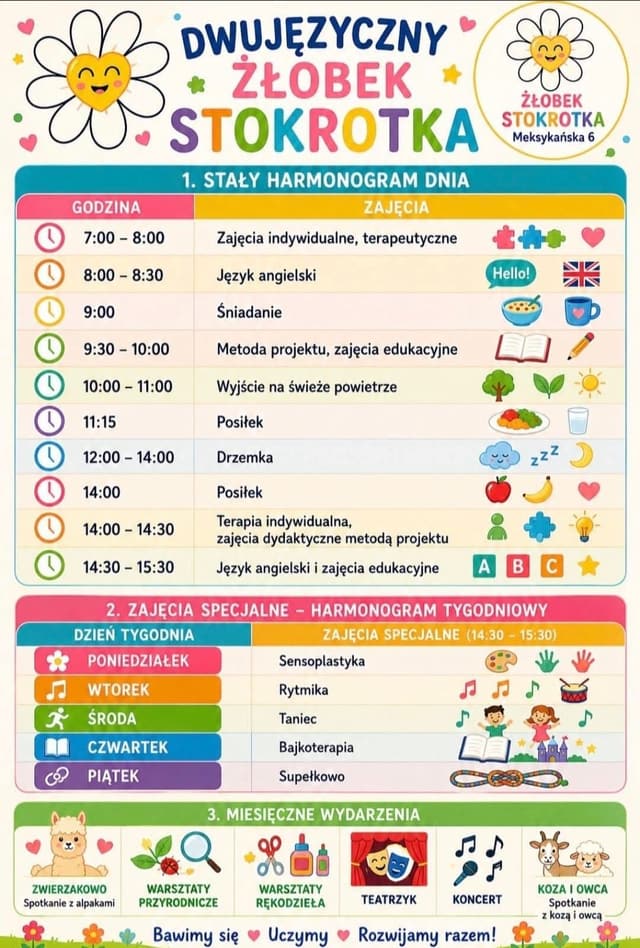 Plakat z harmonogramem dnia Stokrotki